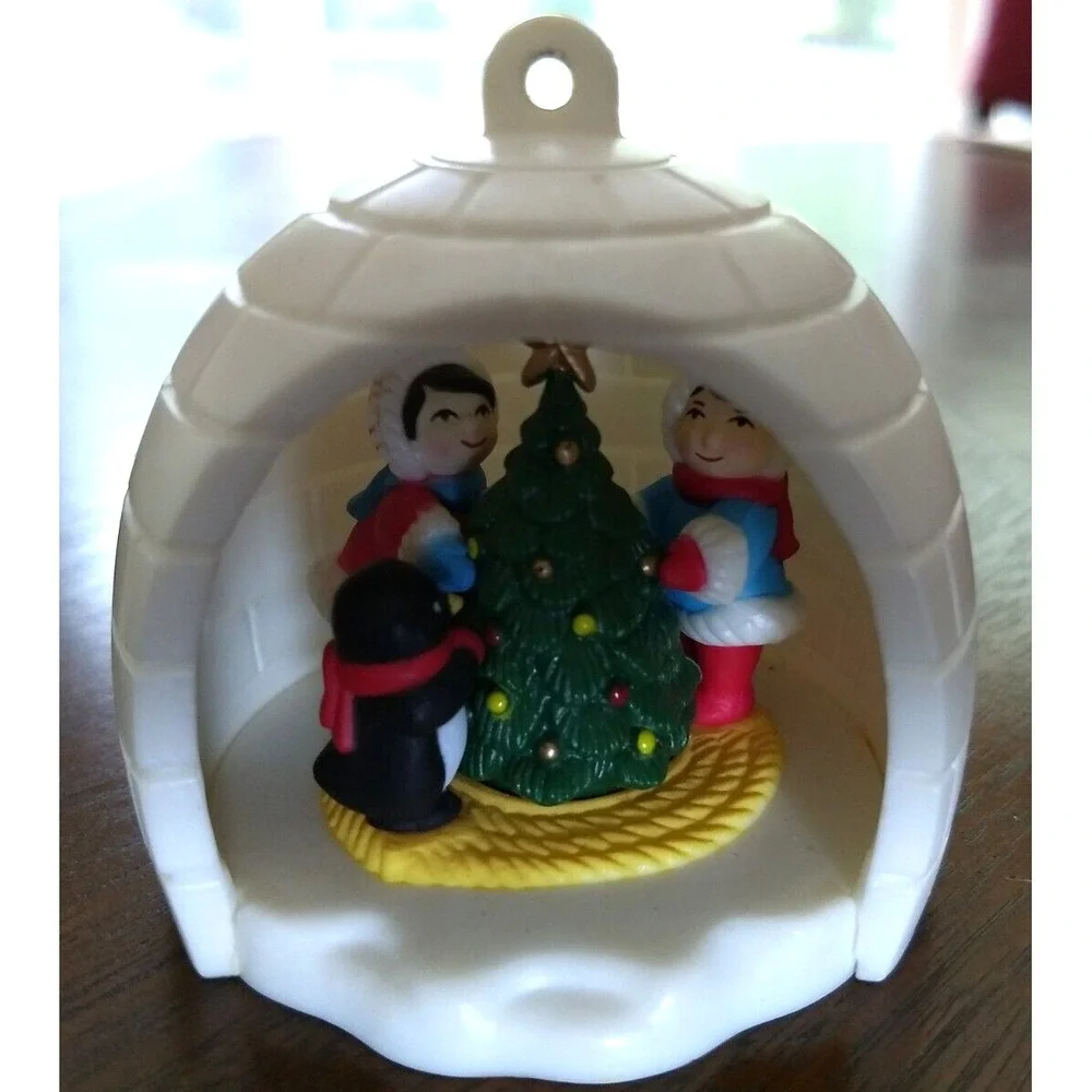 AVON  Winter Fun Christmas Ornament 1983 Eskimos & Penguin in Igloo w/ Orig. Box